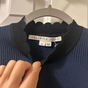 Rare Veronica Beard Roy Mixed Media Eyelet Sleeve Sweater Navy White Size XS